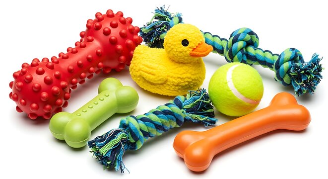 Assortment of playful dog toys featuring vibrant colors and varied textures suitable for pet