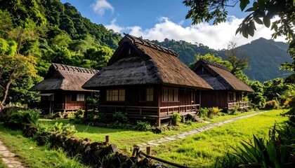 Obraz premium Traditional thatched-roof houses in a lush valley