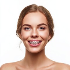 Obraz premium Smiling woman with braces showcasing healthy teeth and confident attitude