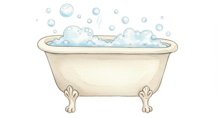 Relaxing Bubble Bath in Vintage Tub - A charming illustration of a vintage bathtub filled with bubbly water, perfect for relaxation and hygiene themes