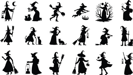 Witch silhouette collection, Halloween witches, flying broomsticks, magic wands, spooky witches, black cats, Halloween night, fantasy characters, flat vector illustration