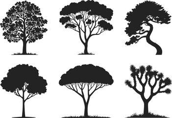 Black tree silhouettes collection, diverse tree shapes, forest nature vector set, botanical plant illustrations, flat design, outdoor landscape elements, flat vector illustration