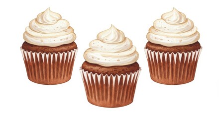 Three Chocolate Cupcakes with Creamy Frosting - Delicious chocolate cupcakes topped with creamy frosting, perfect for birthdays, celebrations, or a sweet treat.