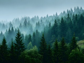 Mist-Shrouded Emerald Canopy: A breathtaking view of a vast forest, its verdant trees enveloped in a misty, ethereal atmosphere, creating a sense of serene tranquility.