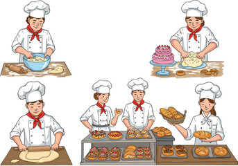 Bakers cartoon set, baking process, dough mixing, pastry preparation, cake display, bread, teamwork, kitchen, chef, bakery, dessert, food