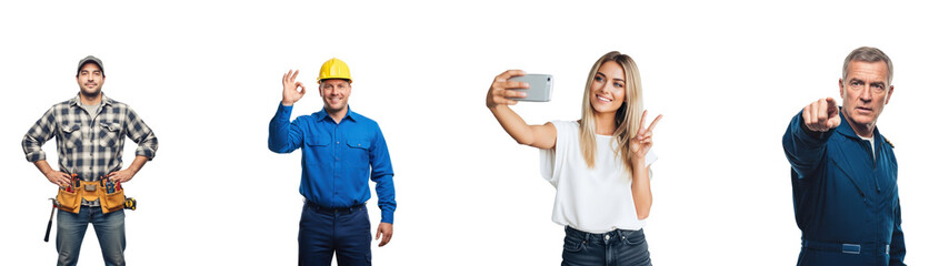 Four people taking selfies with a smartphone.