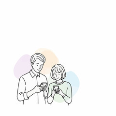 Simple line art illustration of a young couple using their smartphones together, representing modern communication, digital lifestyle, and online connection