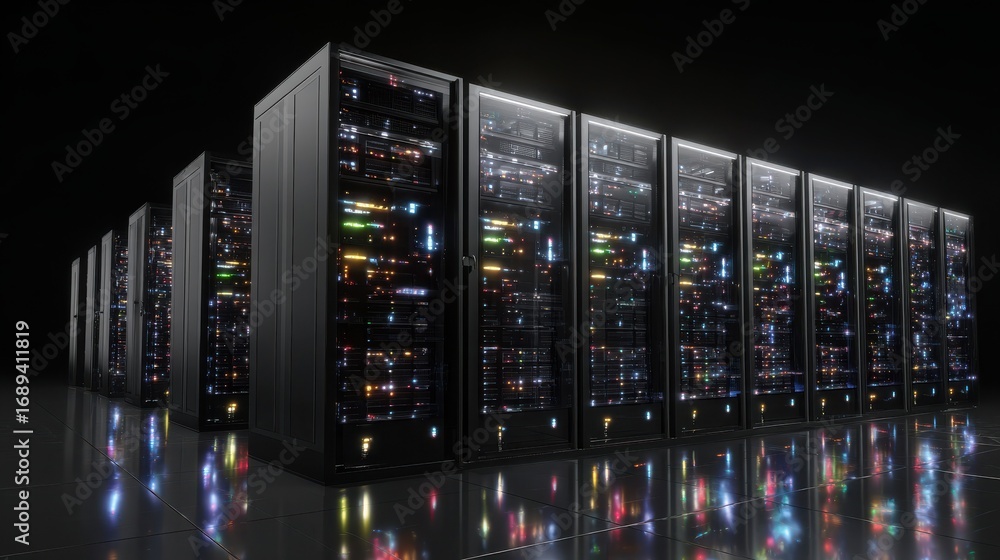 Poster row of illuminated server racks in a dark data center