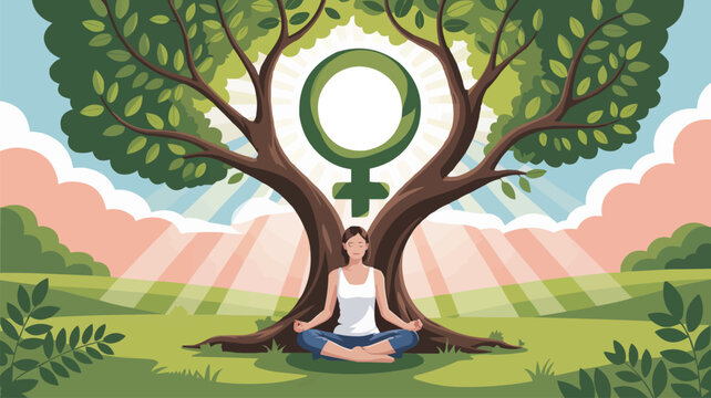Woman meditating under a tree with female symbol representing peace growth and femininity - Powered by Adobe