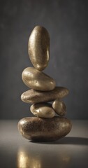 A carefully balanced stack of smooth, golden-toned stones, creating a serene and minimalist still life.