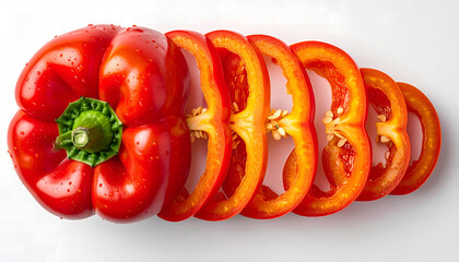 Bell pepper transformation from whole to thinly sliced isolated on white
