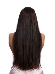 Woman with damaged hair before lamination procedure on white background