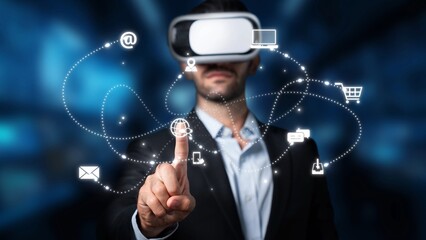 A businessman engages with a virtual reality headset, interacting with a dynamic digital interface that symbolizes technology and modern communication in business. Raster