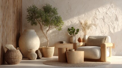 Warm, sunny room corner with plants, textured wall, light furniture, and neutral decor