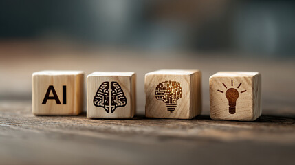 Wooden blocks displaying ai brain icons and lightbulb on a textured wooden surface close up view
