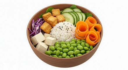 Colorful Vegan Poke Bowl with Tofu and Fresh Vegetables.