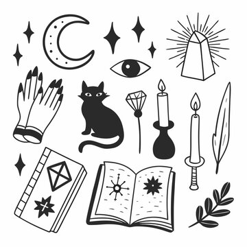 Witchy and Magical Symbols Line Art &ndash; Moon, Crystal, Potion Vector
