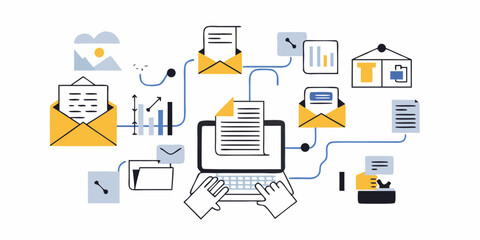Digital communication and data flow illustration showing emails documents charts and a laptop with hands typing