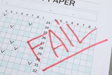 Word Fail written with red marker on answer sheet, closeup. Student passing exam