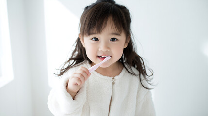 歯磨きをする４歳の女の子（日本人・幼児）