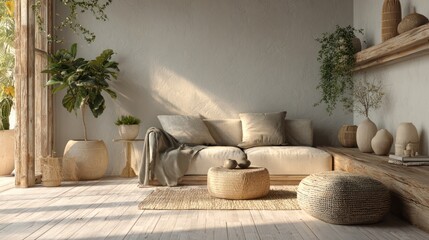 Bright interior with light sofa, woven ottoman, wooden shelves, and various plant decorations