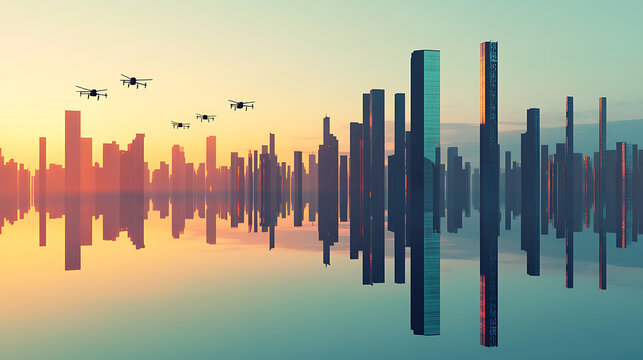 Futuristic Cityscape with Flying Vehicles and Reflective Water