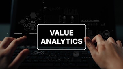 Hands Typing on Keyboard with Value Analytics Concept, Digital Data Visualization, Modern Technology Background. Asymptotic smart data analytic.
