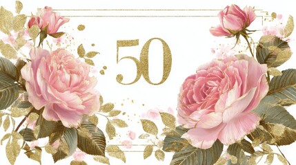 elegant 50th birthday card design featuring pink roses and golden accents