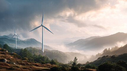 Wind turbines in a mountainous landscape with fog and trees under a cloudy sky generating energy