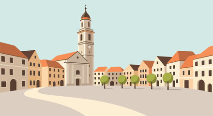 Charming european town square with historic architecture and tower vector