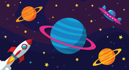 Colorful cartoon rocket spaceship planets stars galaxy outer space adventure vector