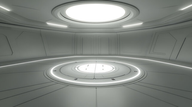 Circular futuristic room with symmetrical lighting and sleek design