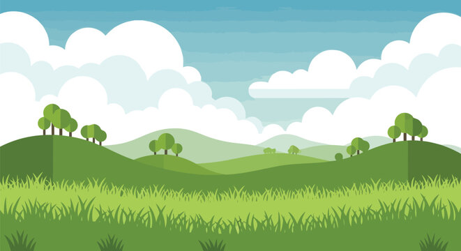 Cartoon spring meadow green hills rolling landscape blue sky white clouds scenic nature vector