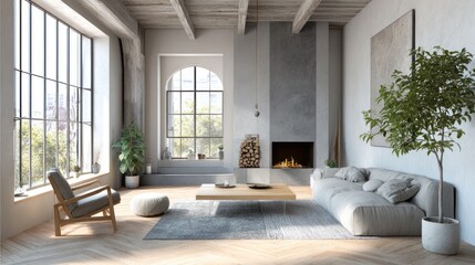 Airy, modern living room with large windows, fireplace and natural light