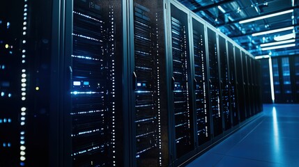 Futuristic data center interior with black colored racks, glowing servers and blue LED lights for cloud computing, database hosting, AI, machine learning and storage