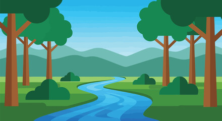 Serene winding river through lush green forest hills landscape nature scene vector