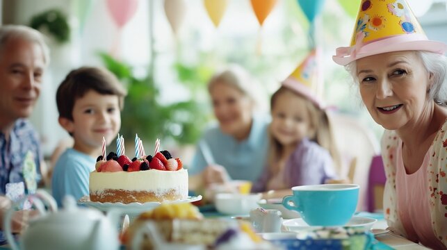 Lively family gathering for a birthday celebration showcasing a festive tea party with colorful tea sets cakes and cheerful decorations creating a joyful and memorable atmosphere