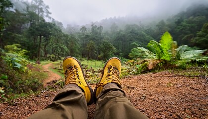 a close up view of a hiker s yellow boot emphasizing their presence on a forest trail with others in the distance suggesting adventure and exploration in nature
