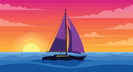 Vibrant purple sailboat cruises ocean sunset scenic coastal voyage vector