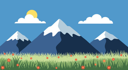 Flat design majestic snow capped mountains under sunny sky with green meadow vector © artificial_azad!