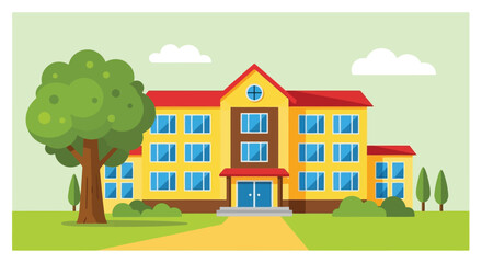 Modern school building exterior with lush green tree and sunny daytime sky vector
