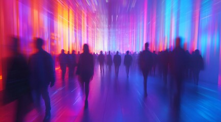 Silhouettes of men and women walking in a futuristic neon cityscape, long exposure creating light trails and movement blur. Urban solitude.