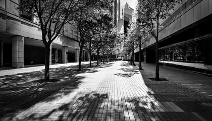 black and white monochromatic urban architecture photo of trees and buildings with shadows on the sidewalk
