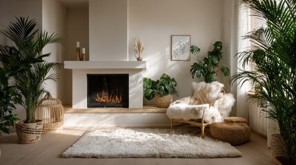 Warm room, modern fireplace, soft rug and chair, and vibrant, full, green houseplants