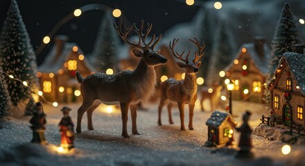Miniature winter village featuring reindeer snowcovered houses and Christmas lights