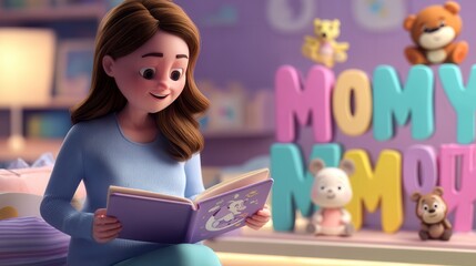 Joyful 3D animated young mother reading children's storybook in colorful nursery with "MOMMY" letters and stuffed animals on shelf, family animation scene
