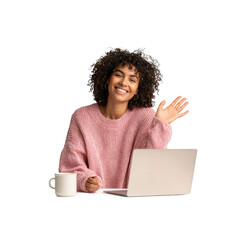 Happy Young Woman Waving Hello While Working on Laptop