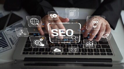SEO concept for improving SEO visibility, with SEO related digital tools and SEO performance icons shown in an focused layout for strategic marketing. Muxer