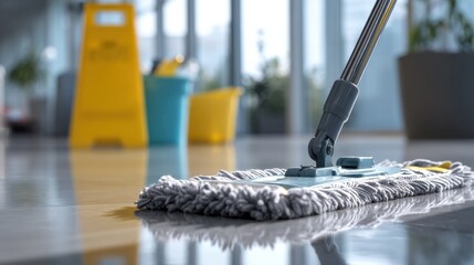 closeup of mop mopping the floor in office janitor employee cleaning floor with cleaning tools equipment hygiene sanitation maintenance workplace cleanliness