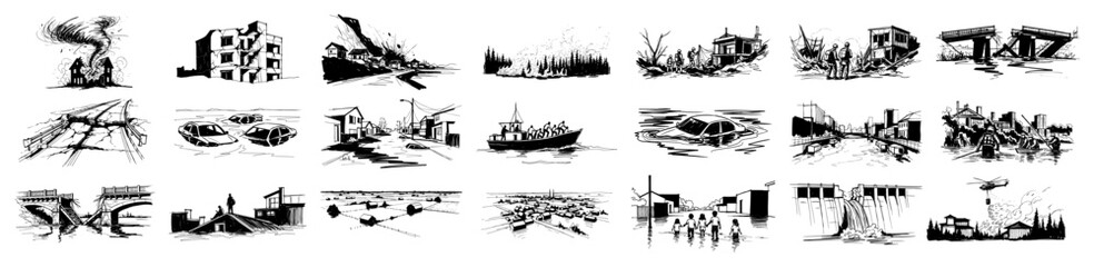 Natural disaster vector sketch illustration set